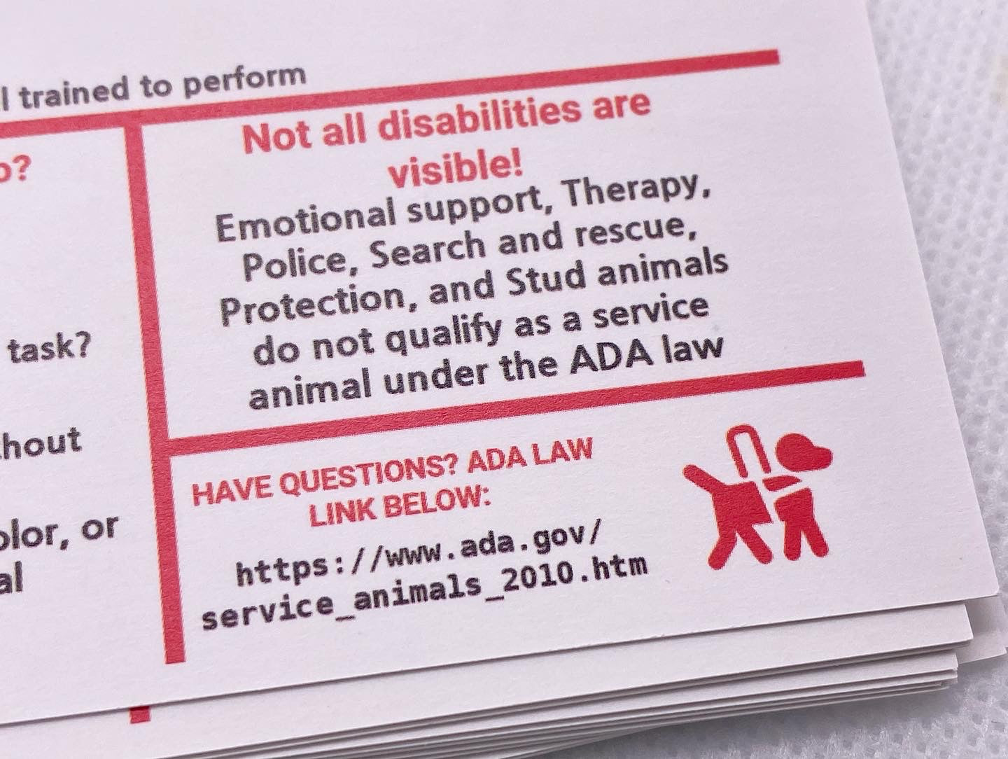 ADA Law Cards For Service Dogs